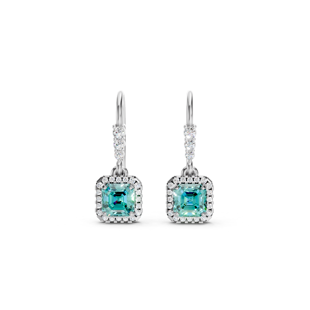 Paraiba Tourmaline Asscher Halo French Hook Drop Earrings