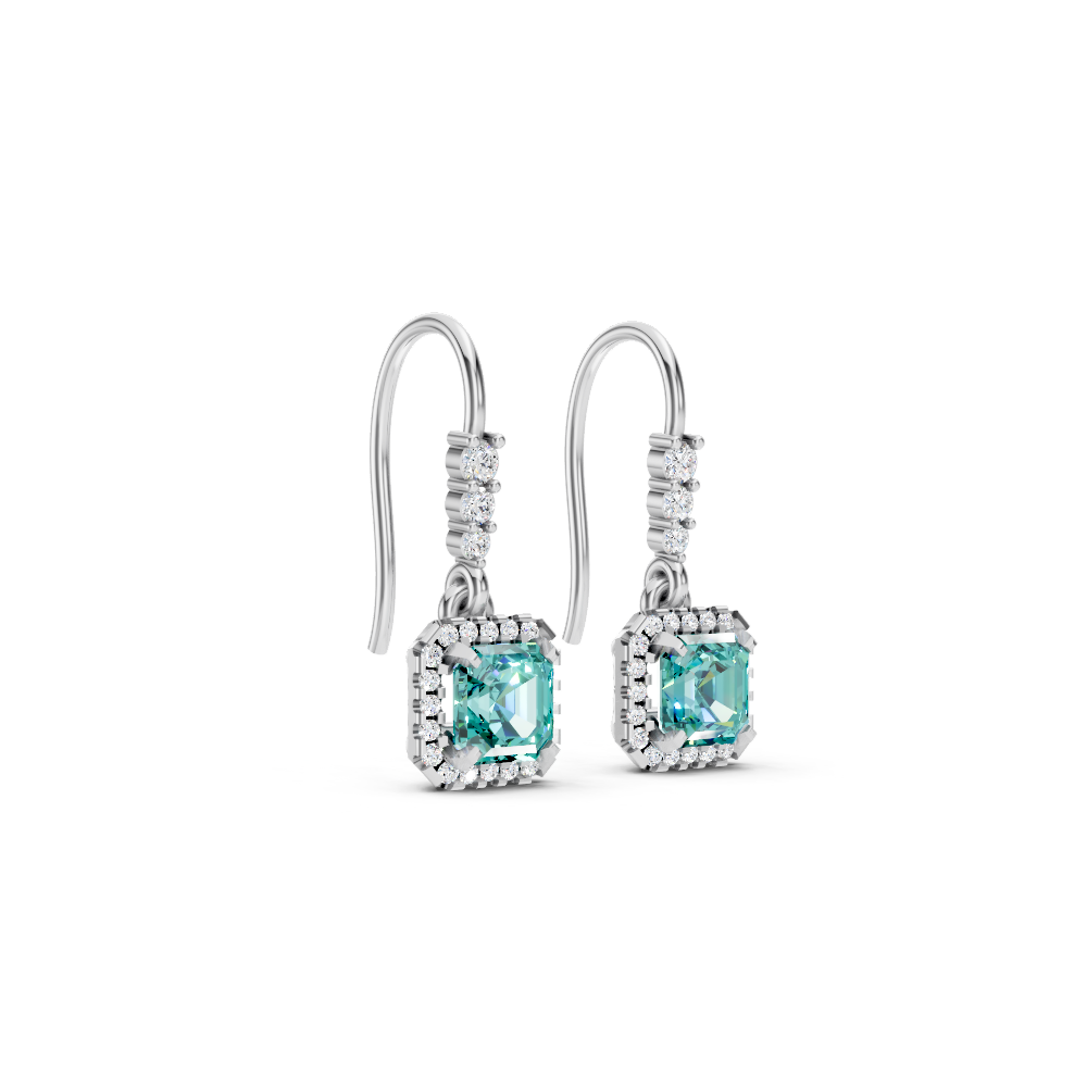 Paraiba Tourmaline Asscher Halo French Hook Drop Earrings