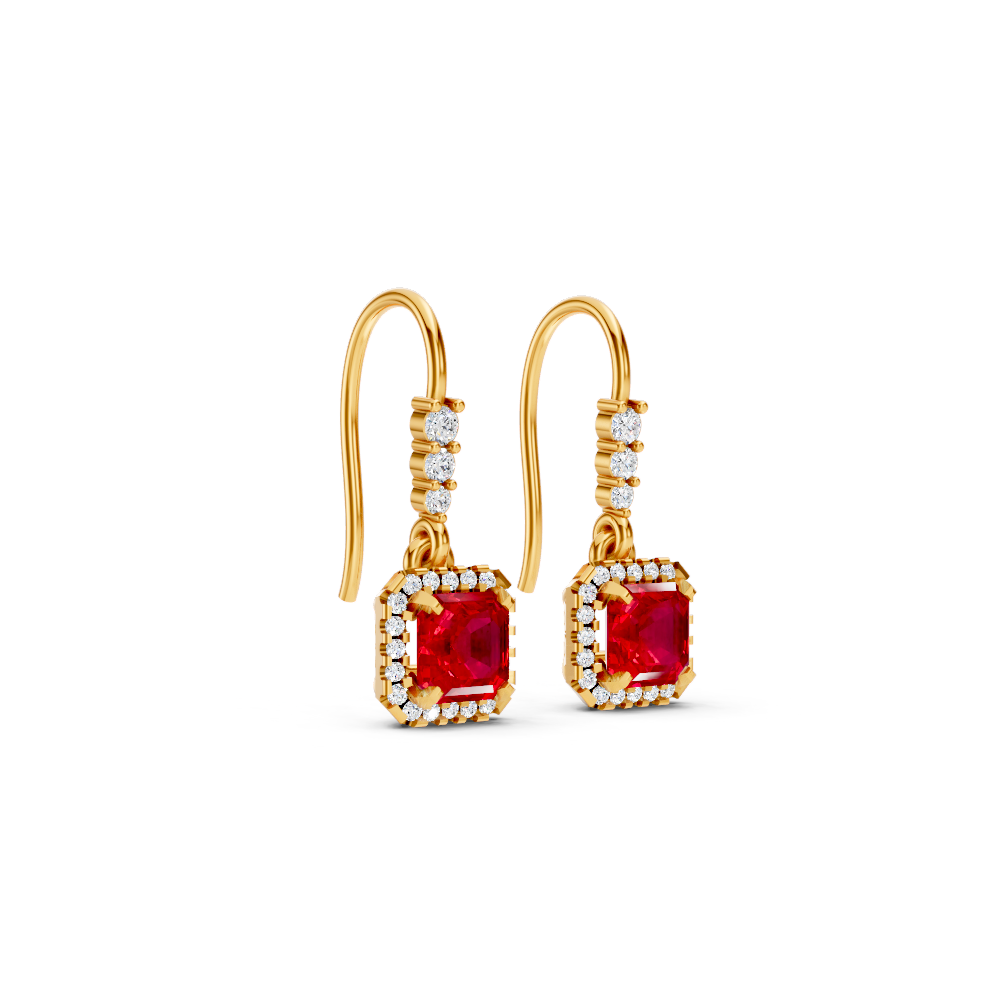 Ruby Asscher Halo French Hook Drop Earrings
