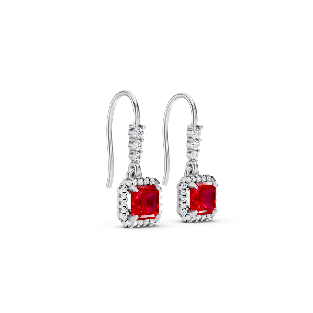 Ruby Asscher Halo French Hook Drop Earrings