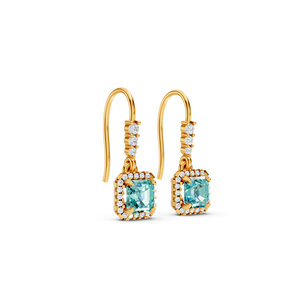 Paraiba Tourmaline Asscher Halo French Hook Drop Earrings