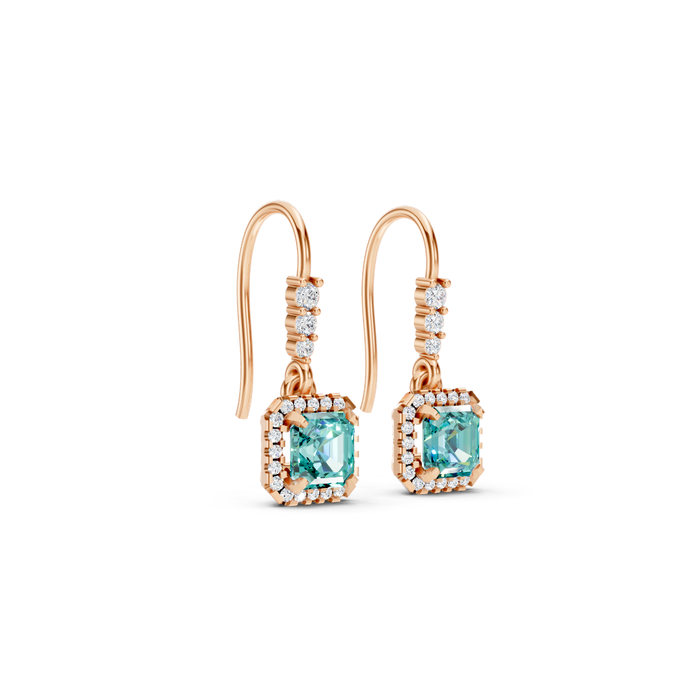 Paraiba Tourmaline Asscher Halo French Hook Drop Earrings