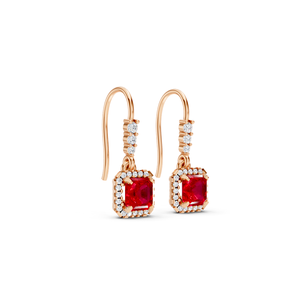 Ruby Asscher Halo French Hook Drop Earrings
