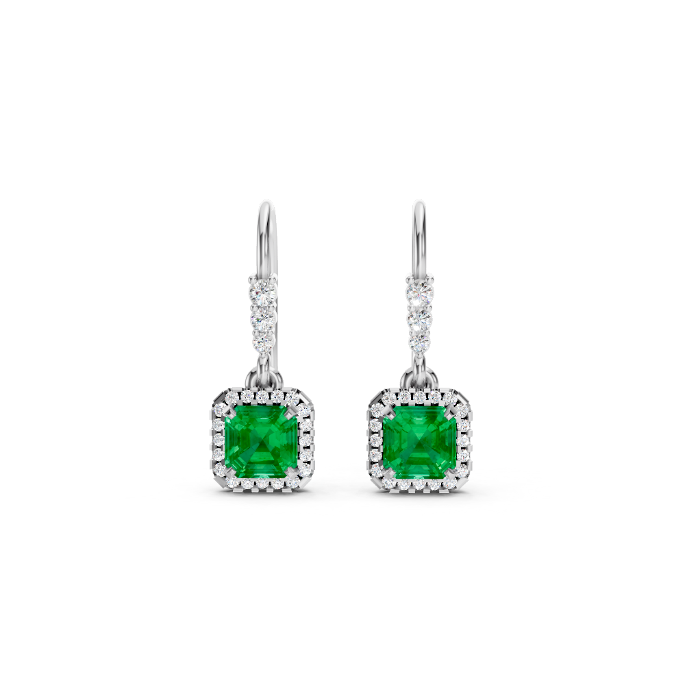 Colombian Emerald Asscher Halo French Hook Drop Earrings