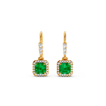 Colombian Emerald Asscher Halo French Hook Drop Earrings