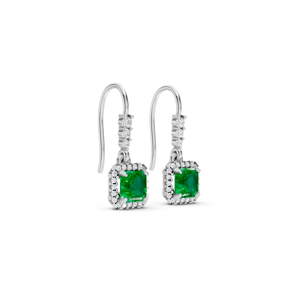 Colombian Emerald Asscher Halo French Hook Drop Earrings