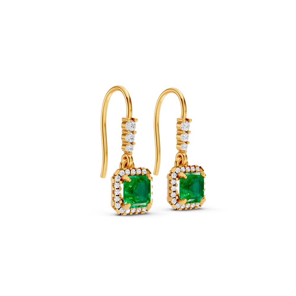 Colombian Emerald Asscher Halo French Hook Drop Earrings