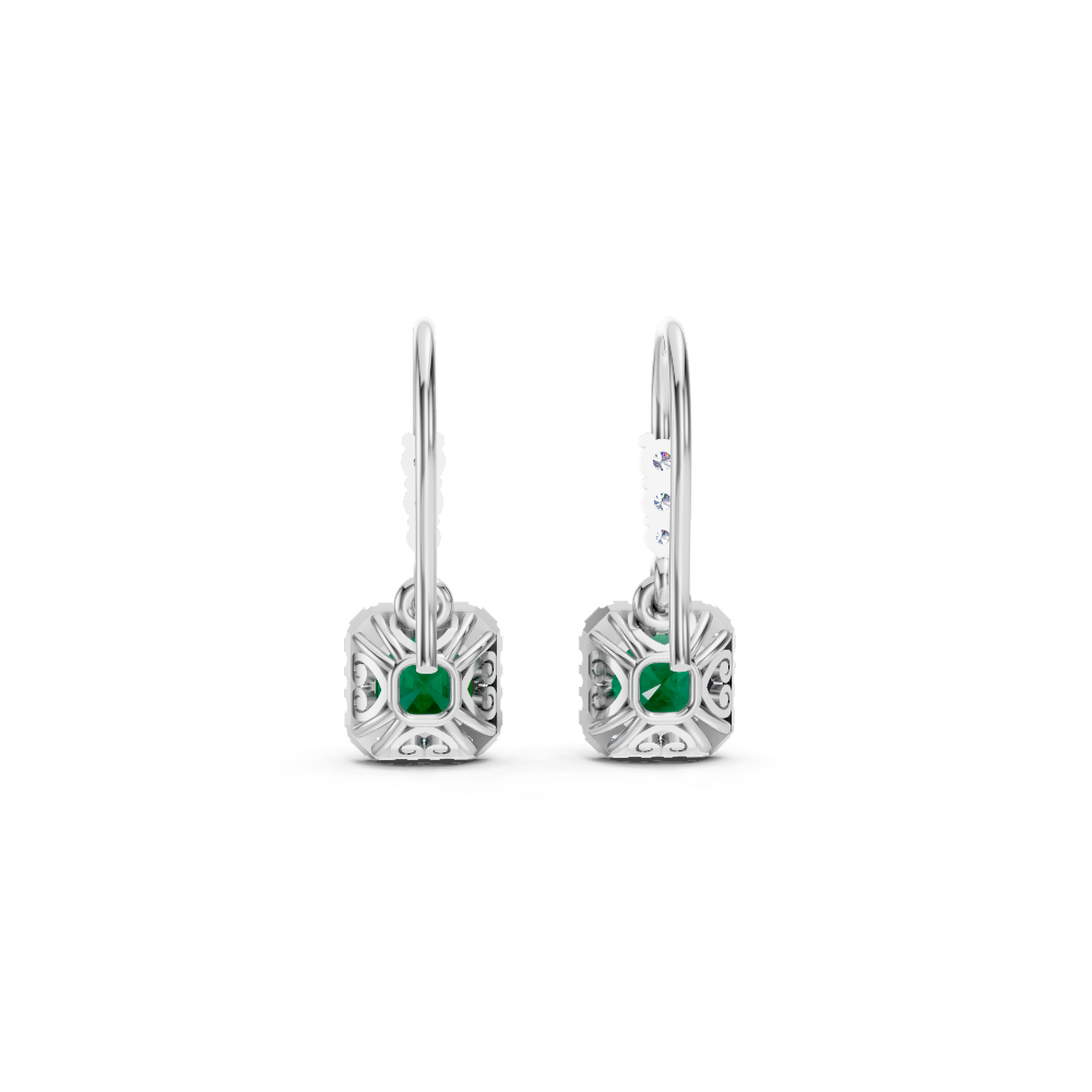 Colombian Emerald Asscher Halo French Hook Drop Earrings