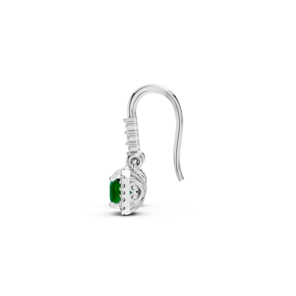 Colombian Emerald Asscher Halo French Hook Drop Earrings