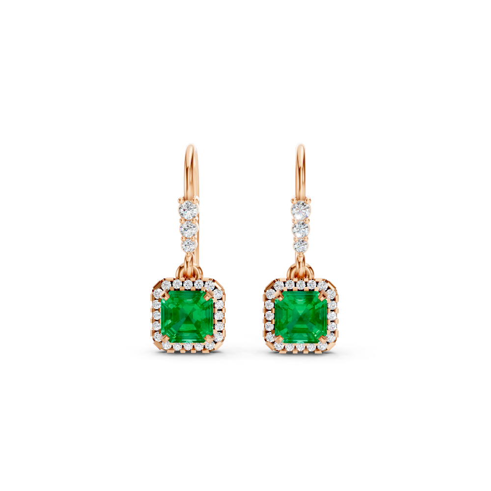 Colombian Emerald Asscher Halo French Hook Drop Earrings