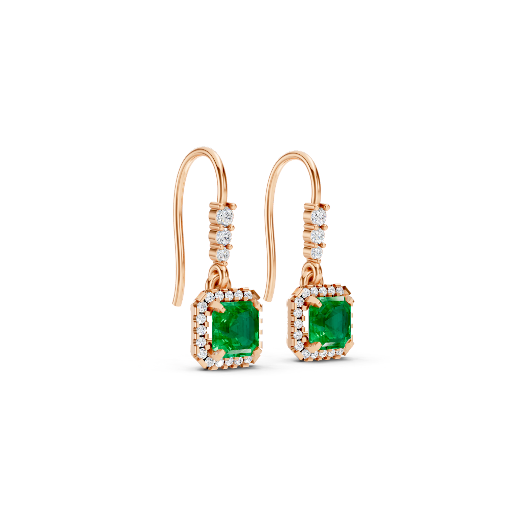 Colombian Emerald Asscher Halo French Hook Drop Earrings