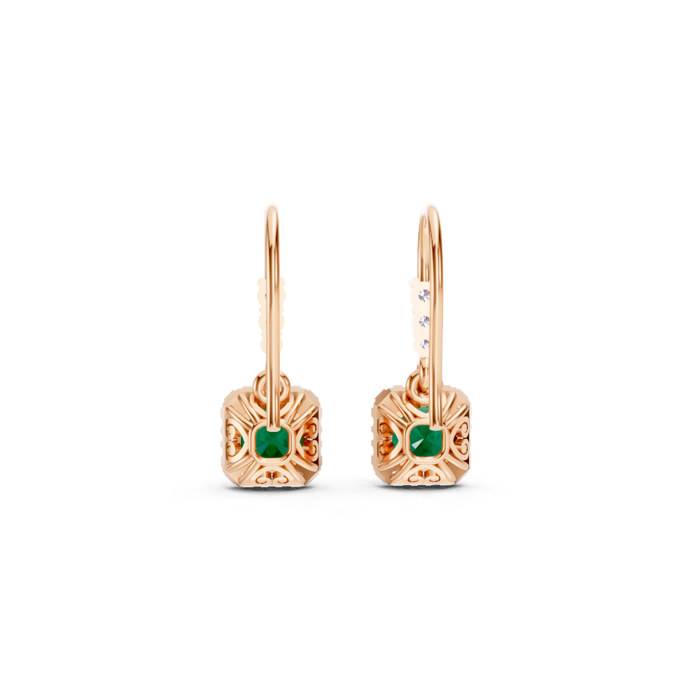 Colombian Emerald Asscher Halo French Hook Drop Earrings