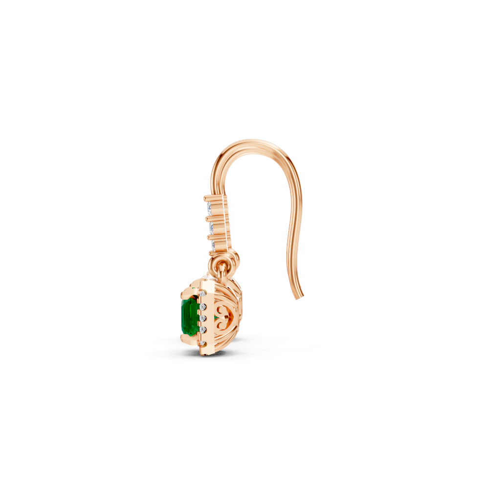 Colombian Emerald Asscher Halo French Hook Drop Earrings